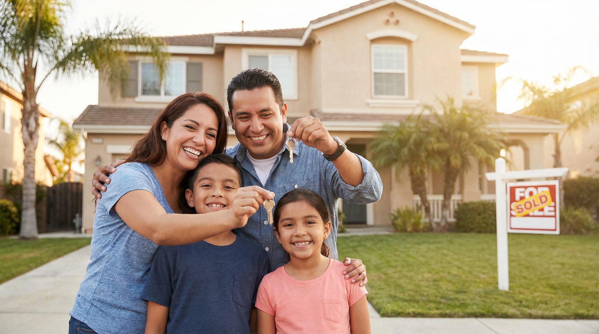 A happy Latino family holding keys to their new Bay Area home